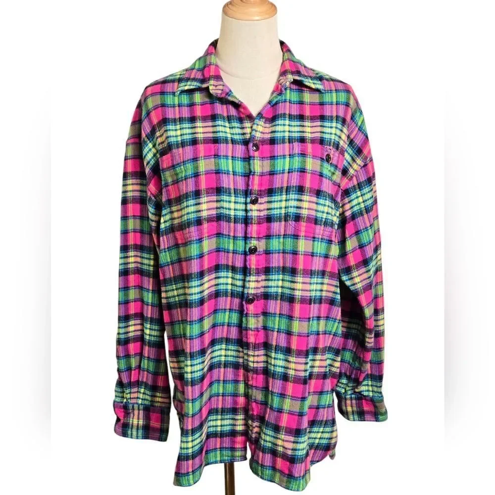 Ralph Lauren Bright Plaid Pink And Green Multicolor Flannel Shirt